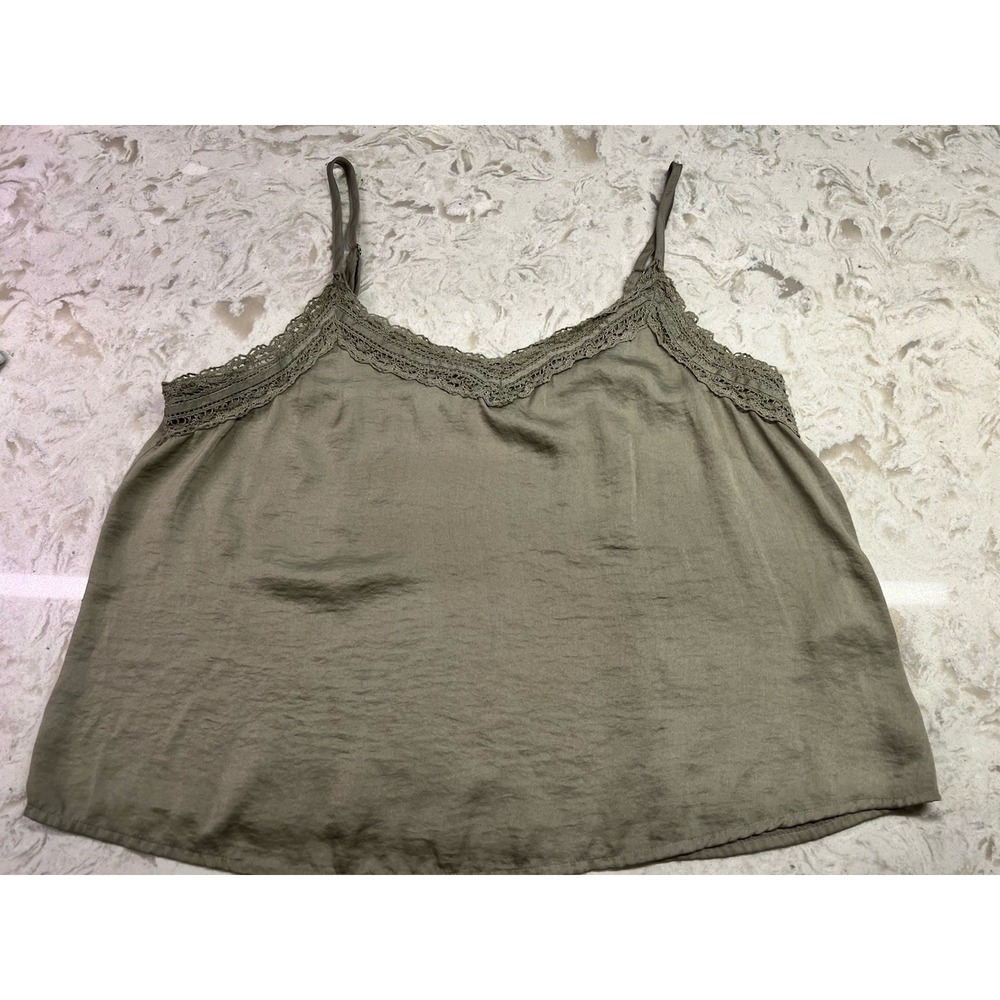 Hollister Sage Green Lace Trimmed Satin Camisole Top Y2K Adjustable Straps Sz L